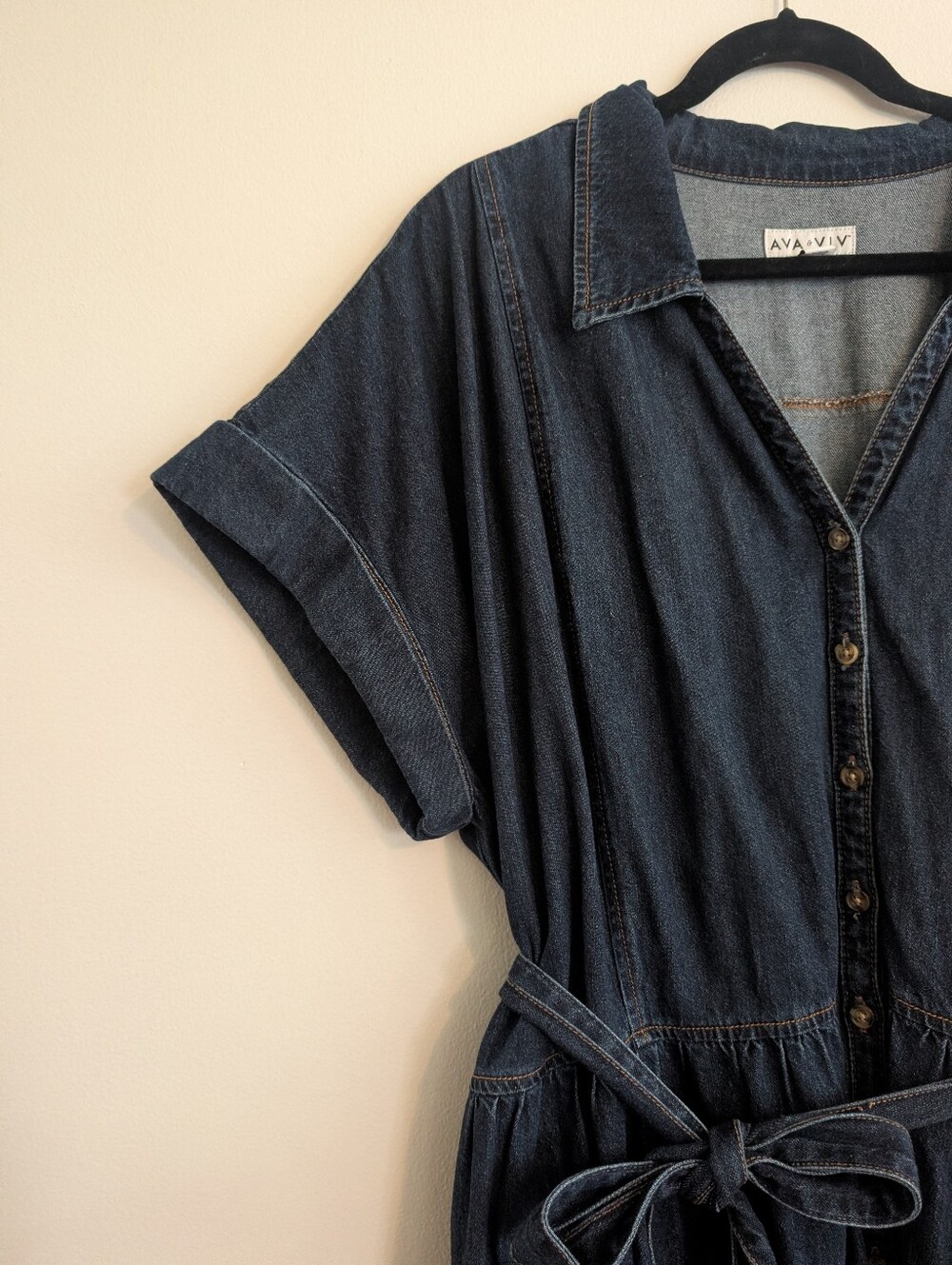 Ava & Viv Dark Blue Button-Front Denim Midi Dress with Tie Belt - Picture 4 of 6